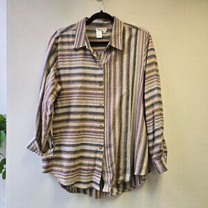 Linen Blend Striped Button-Up Long Sleeve Shirt L Tan Purple Quirky Lagenlook